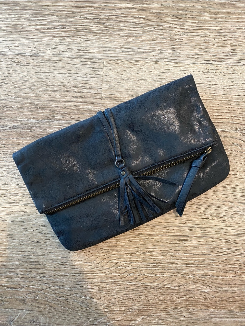 Lucky Brand Stylish Leather Black Fold-Over Tassel Clutch